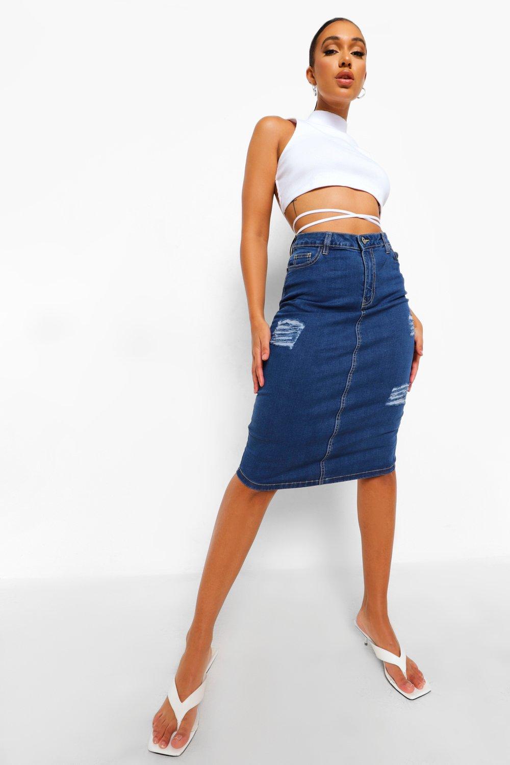 Denim midi skirt clearance distressed